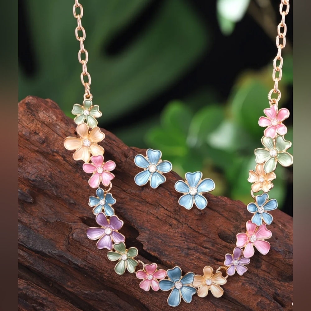 NEW Multicolor Butterly Pastel Daisy Summer Necklace & Earring Gift Set-(#0228)